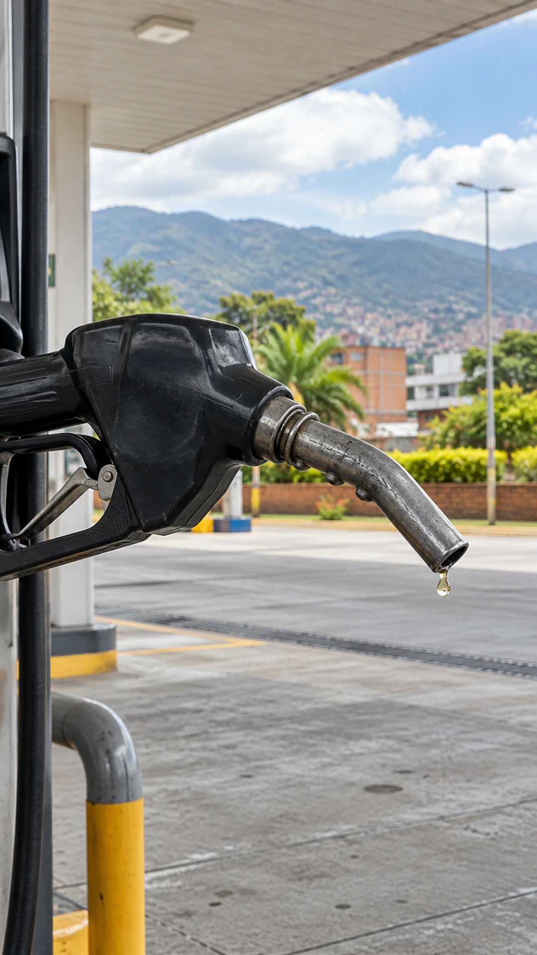 Pistola de surtidor con una pequeña gota de combustible en una estación colombiana