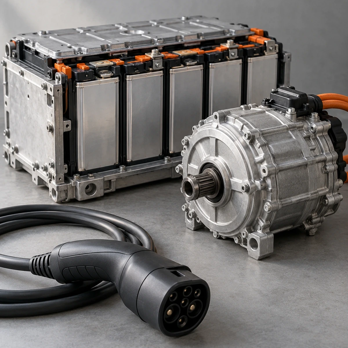 Módulo de batería con celdas visibles, motor eléctrico y conector de carga sobre una mesa de taller.